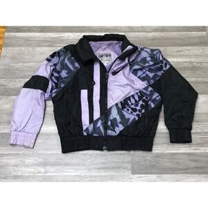 Vintage Y2K East West Windbreaker Jacket Women's M Black Geometric‎ Zip-Up Nylon